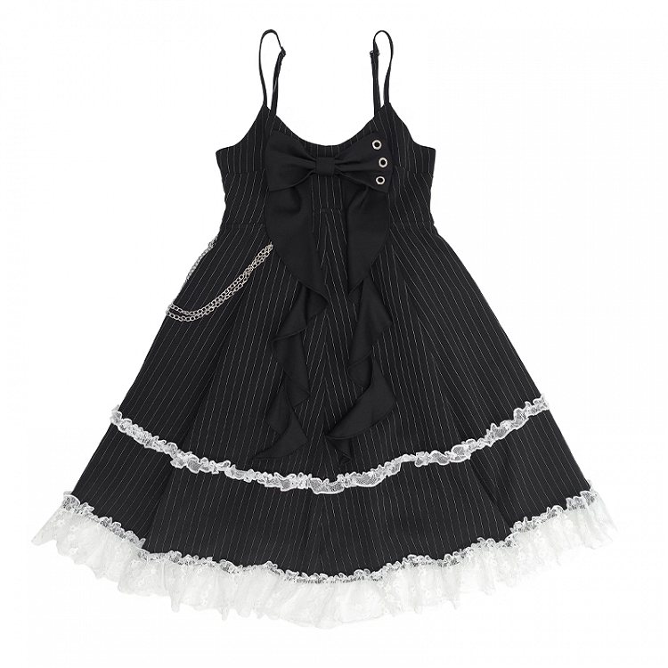 Rock Cami Kleid Big Bow Ausschnitt Schwarz mit gestreifter Taille Abnehmbare Kette Blase