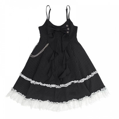 Rock Cami Kleid Big Bow Ausschnitt Schwarz mit gestreifter Taille Abnehmbare Kette Blase