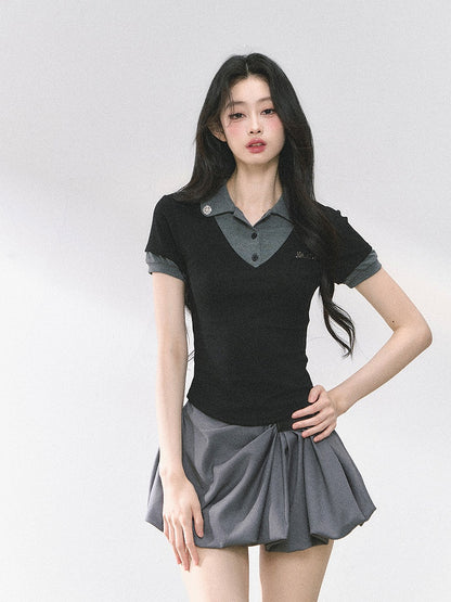 and Gray Polo Collar Preppy Style Faux Two-pieces T-shirt Black