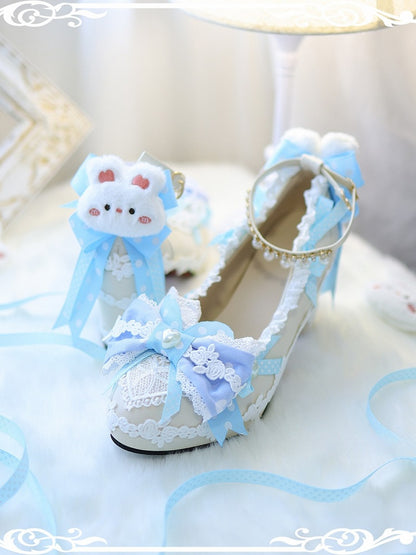 Block Heels Decorated at Bow Blue 8CM Sweet Bunny Shoes Top Plush Lolita