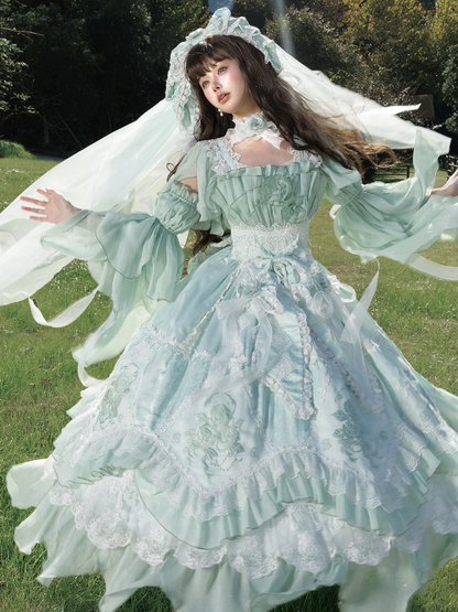Green Accents Hanayome Ruffles Long Rose Version Layered Dress Light Lolita JSK with Flowing