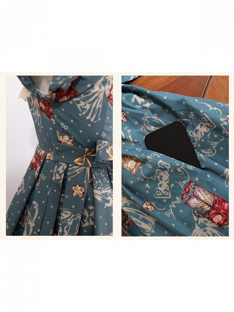Teal Halter Lolita OP Dress with Popcorn Bear Print, Long/Short Version - Sweet Dream