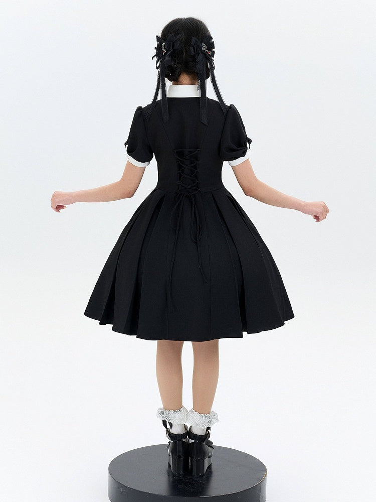 Two-pieces OP Lolita Black Dress Sleeves Design White Short Fake
