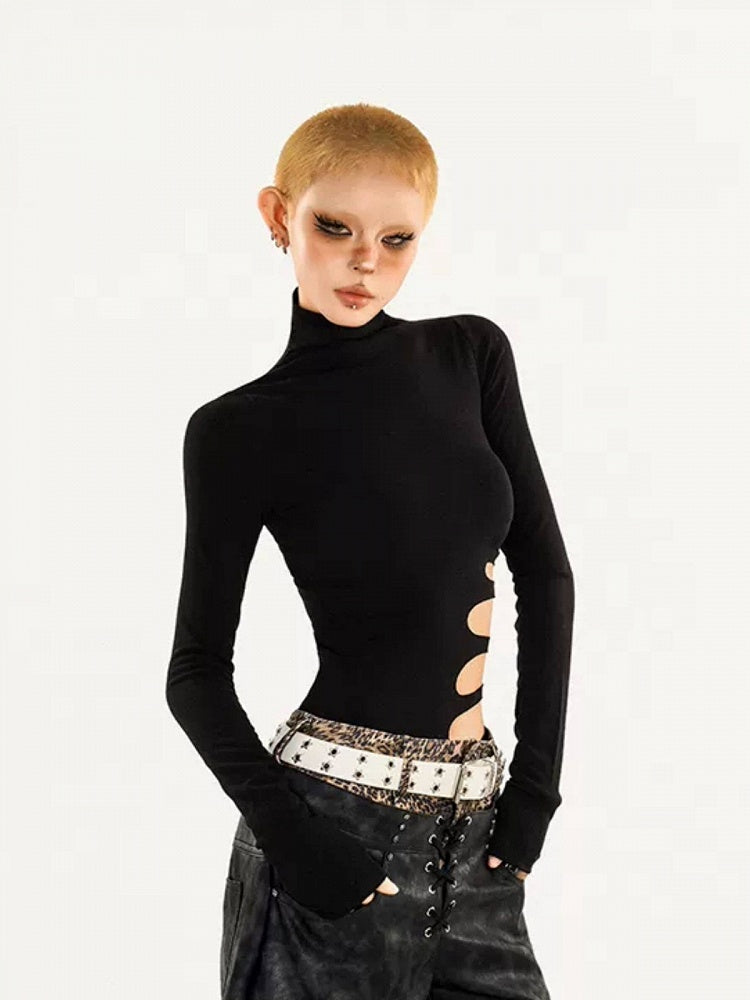 Cut-Out Design Black High Neck Minimalist Long Sleeve Top