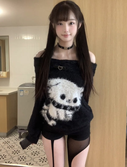 Off-Shoulder Plush Puppy Sweater with Sweetheart Buckle Adorable Black