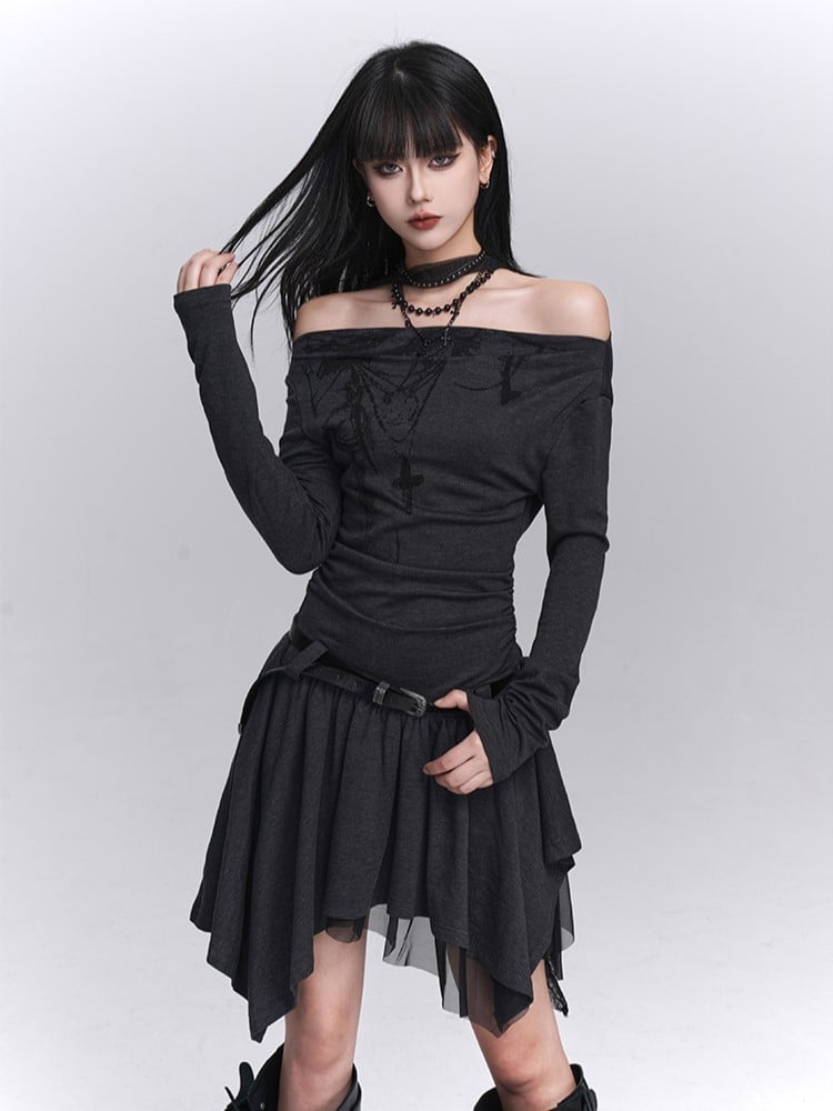 Off-Shoulder Dark Gray Dress Strap Graffiti Hem with Neck Gothic Handkerchief