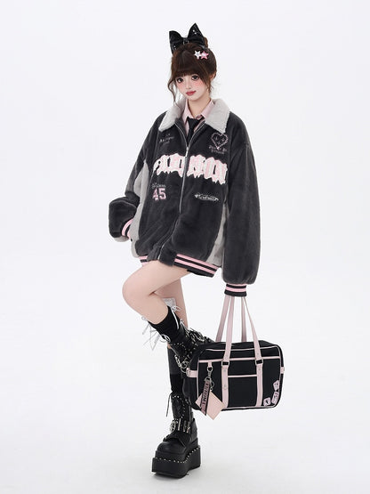 Jacket Baseball Fleece Gray with Letter Embroidery Heart