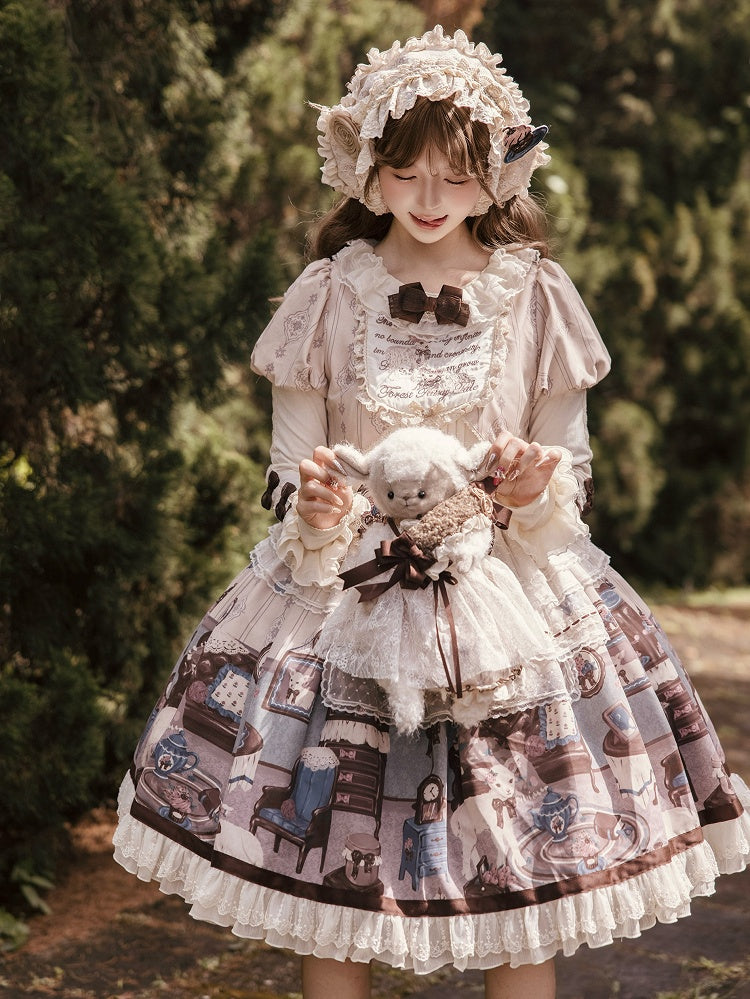 Trims Beige with Dress Brown Lolita Round Print Home Sheep's Sweet Neck Lace