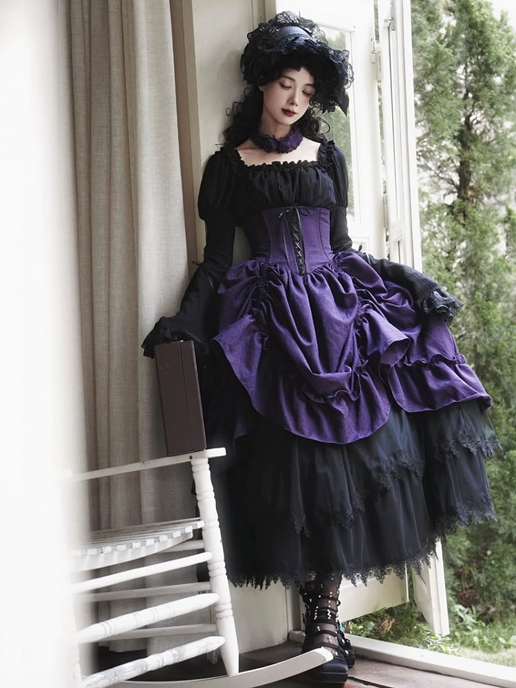 Waist Drawstring Purple Bust Gothic Boned Skirt High Lolita Under