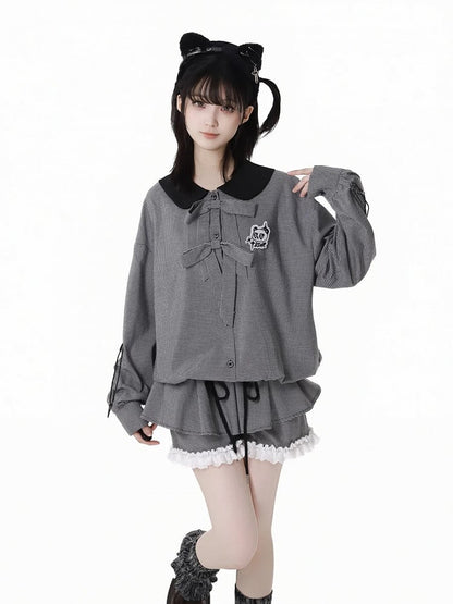 ブラウス ドローストリング 黒と白のチェック柄 ピーターパンカラー リボンアクセント カフス