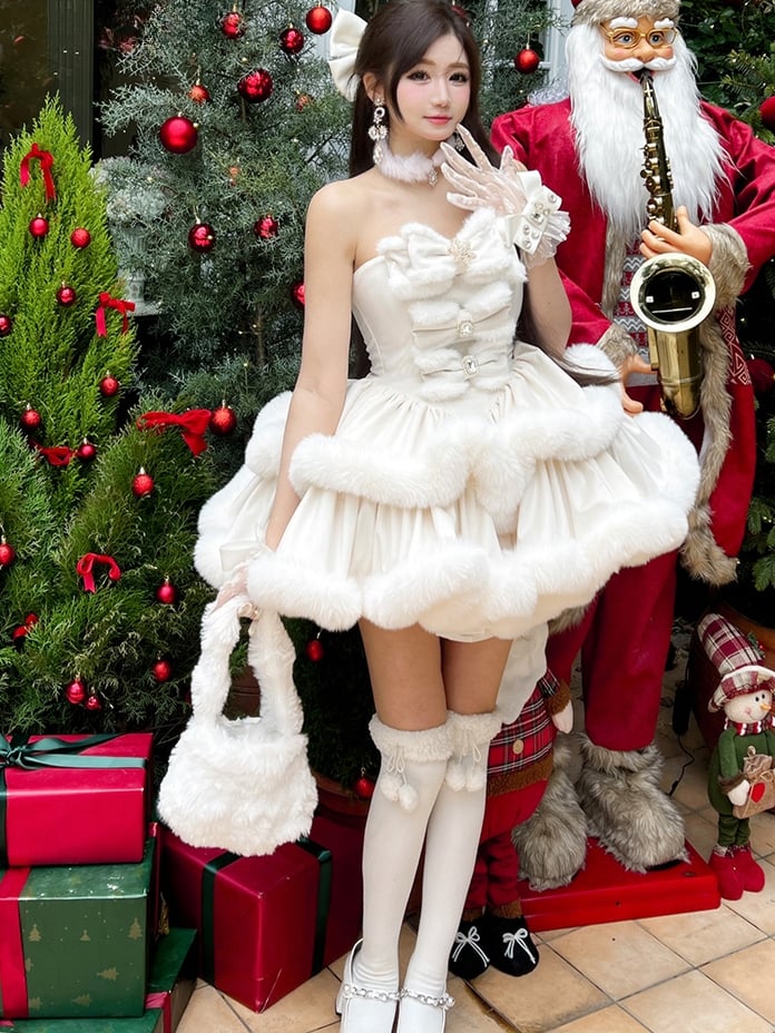 Creamy Snowflake Bows Bodice Plush Trimming Strapless Dress