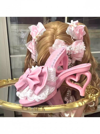 Pink Heart Shaped Heel Shoes with Bowknot Lace Details - LilGyaru