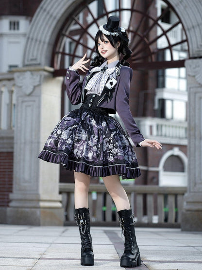 + Gothic Set Waist Skirt Bunny High Cropped Magician Coat Print Lolita Lapel Sleeveless Purple - Top