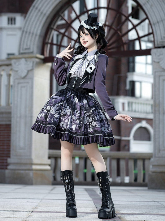 + Gothic Set Waist Skirt Bunny High Cropped Magician Coat Print Lolita Lapel Sleeveless Purple - Top