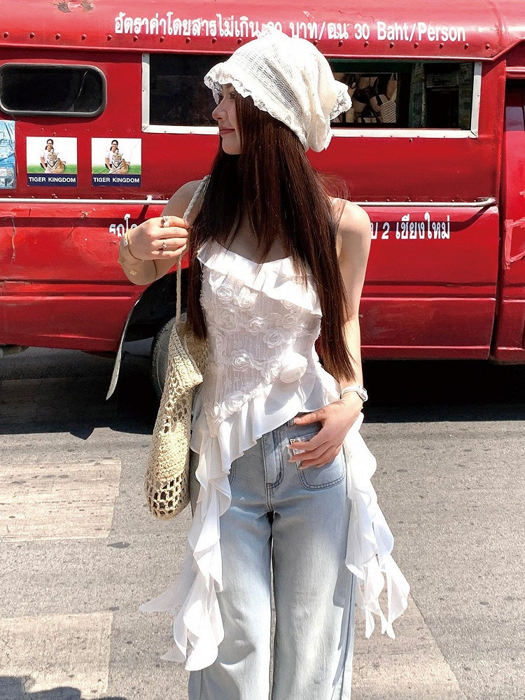 White Holiday Asymmetrical Ruffle Hem Top - Qchiwawameme