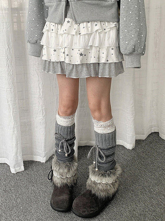 Beige Layered Ruffle Skirt with Star and Stripe Pattern - Solkatt