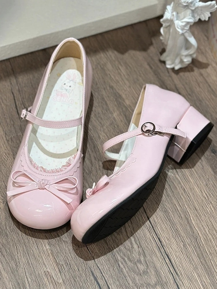 Schleifenbesatz Pink Jane Round - Geknotete Spitzenschuhe Süße Lolita-Mary-Schuhe mit niedrigem Absatz