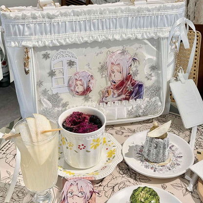 Ruffled Trim Ita Bag Ribbon Bow Large White Capacity Tote