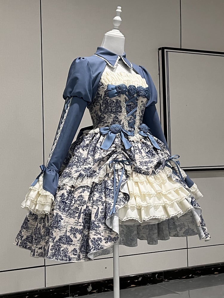 Bow Print Set + Elegant Skirt White Bolero Train High-low Rose Dress Jouy Blue and Accents de with Lolita Classic Toile