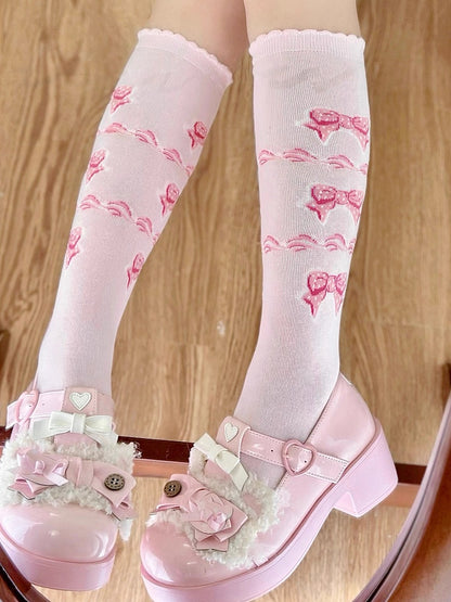 Pattern Pink Socks Bowknot Lolita Calf Sweet