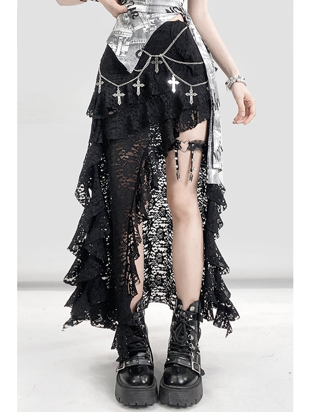Schlitz Bittersüß Asymmetrisch Glamouröser Rock Oberschenkelhoch Schwarz Saum Spitze