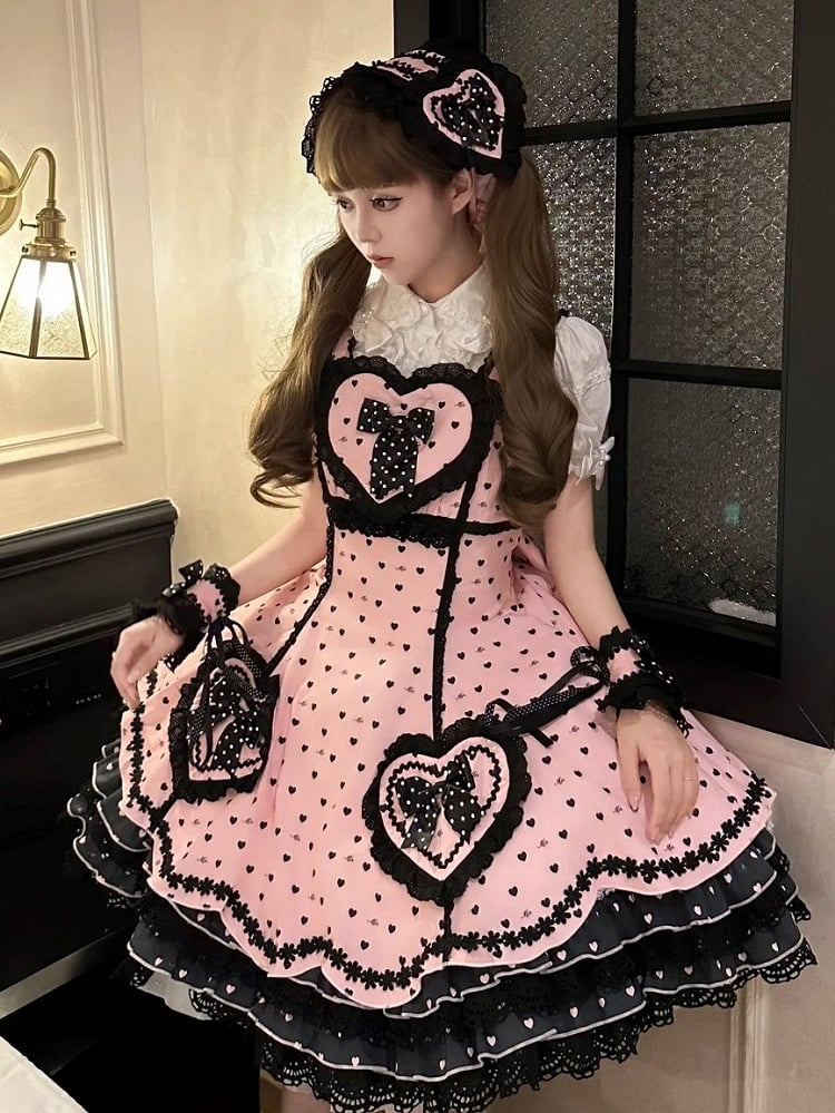 Sweet Lolita Pink Dress Heart Bows and Black Lace-Trimmed Motifs with