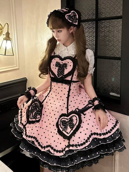 Sweet Lolita Pink Dress Heart Bows and Black Lace-Trimmed Motifs with