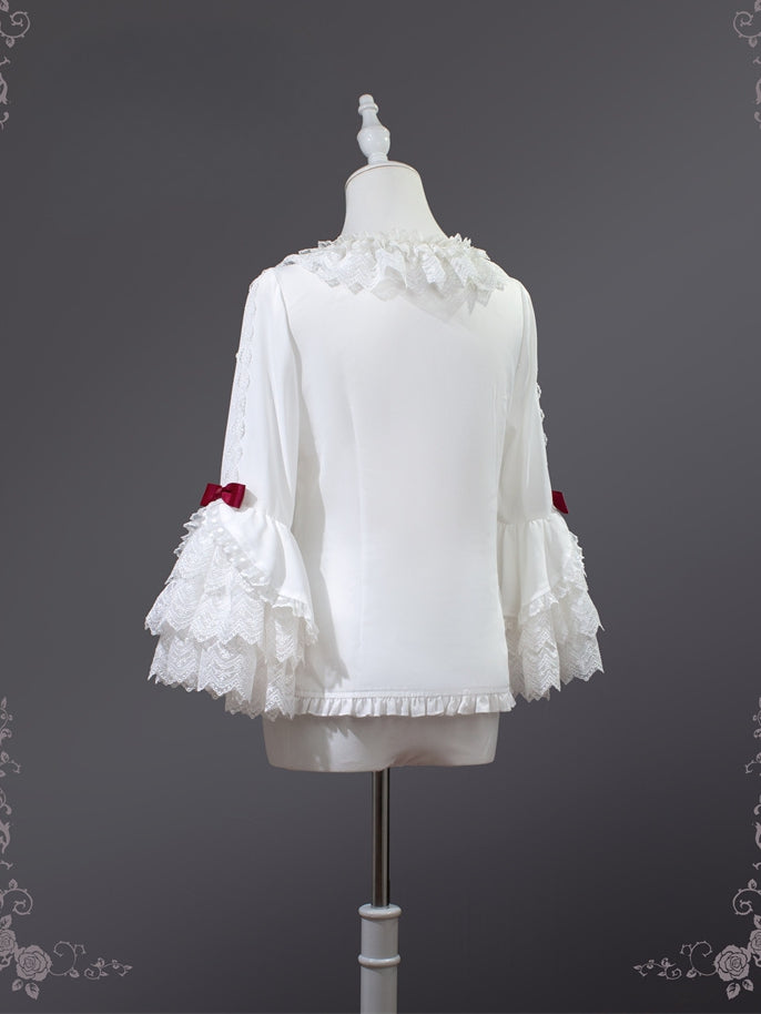 ホワイトレースカラー、レイヤードレース、ベルスリーブのロリータブラウス