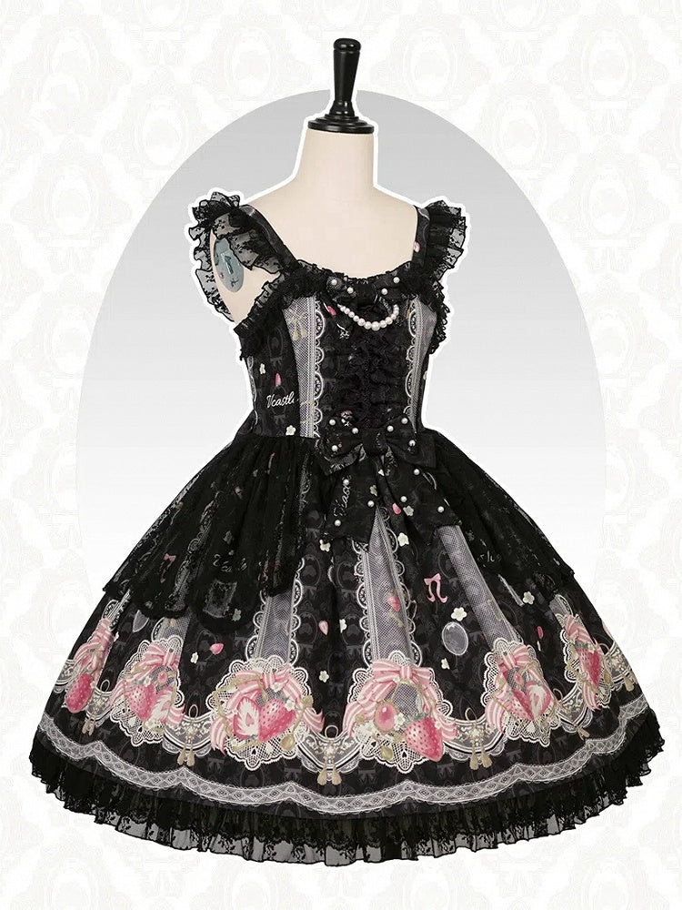 Süßer schwarzer Lolita-Rock mit Erdbeer-Print