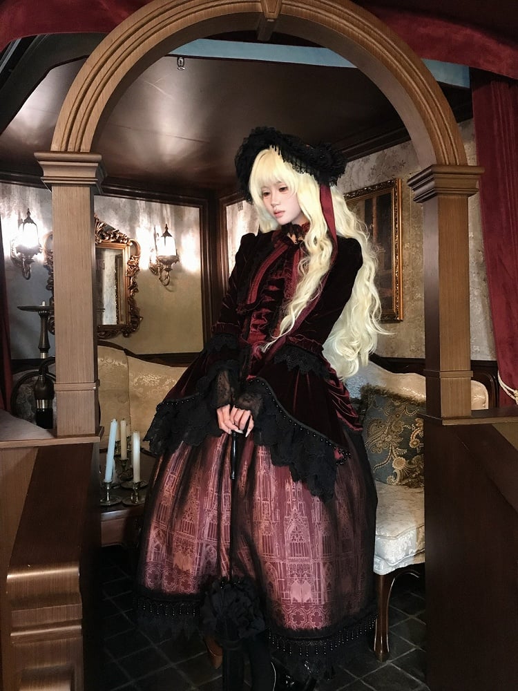 Lolita Dress Cathedral Drapery Waist JSK Burgundy with Gothic Print Velvet and