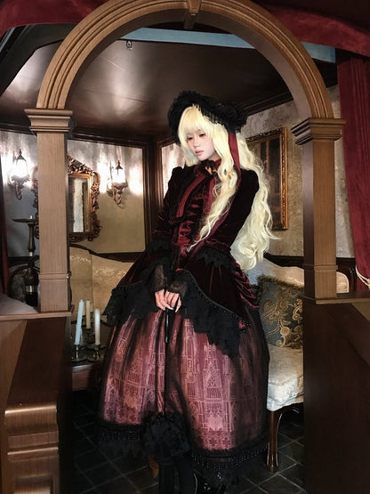 Lolita Dress Cathedral Drapery Waist JSK Burgundy with Gothic Print Velvet and