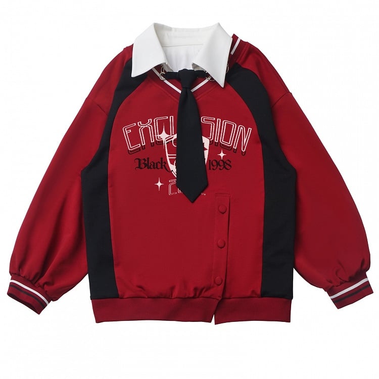 Rotes Sweatshirt im Preppy-Stil mit seitlichem Schlitz und Hemdkragen und gratis Krawatte