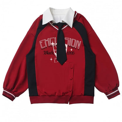 Rotes Sweatshirt im Preppy-Stil mit seitlichem Schlitz und Hemdkragen und gratis Krawatte