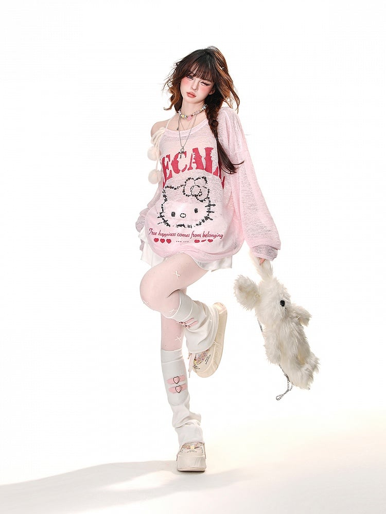 Halbtransparentes Sonnenschutz-Top mit Kätzchen-Print und Pompon-Akzenten in Rosa/Weiß mit asymmetrischem Ausschnitt