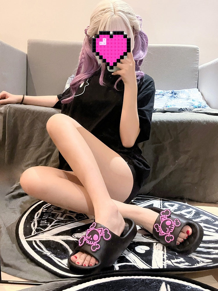 and Summer Black Skeleton Slippers Pink Gothic Applique