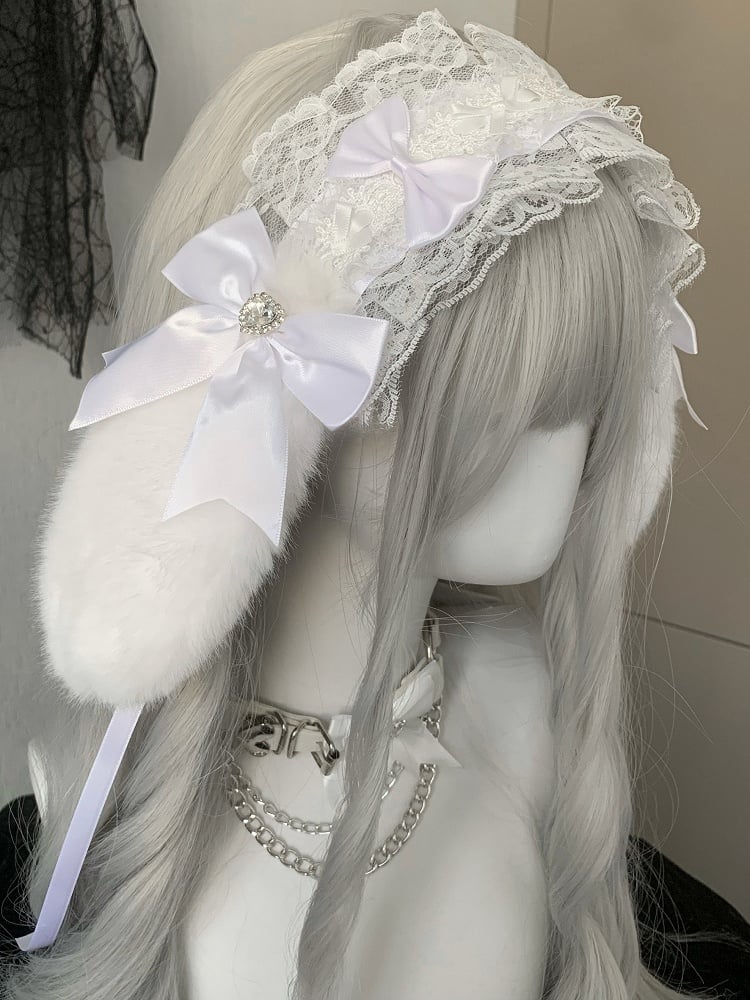 Details Rhinestone Ear Bunny Decorated Bowknot Hairband Plush Ruffled Heart Black/White