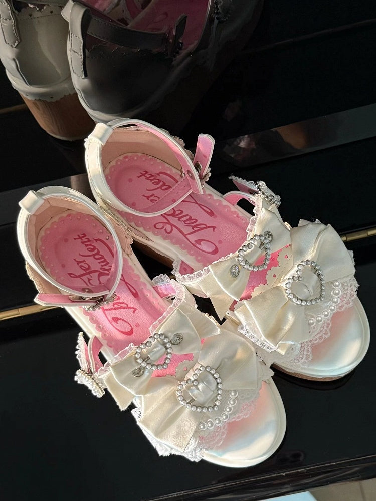 Sandals - Lolita White Heart Platform Beaded Buckles Old School