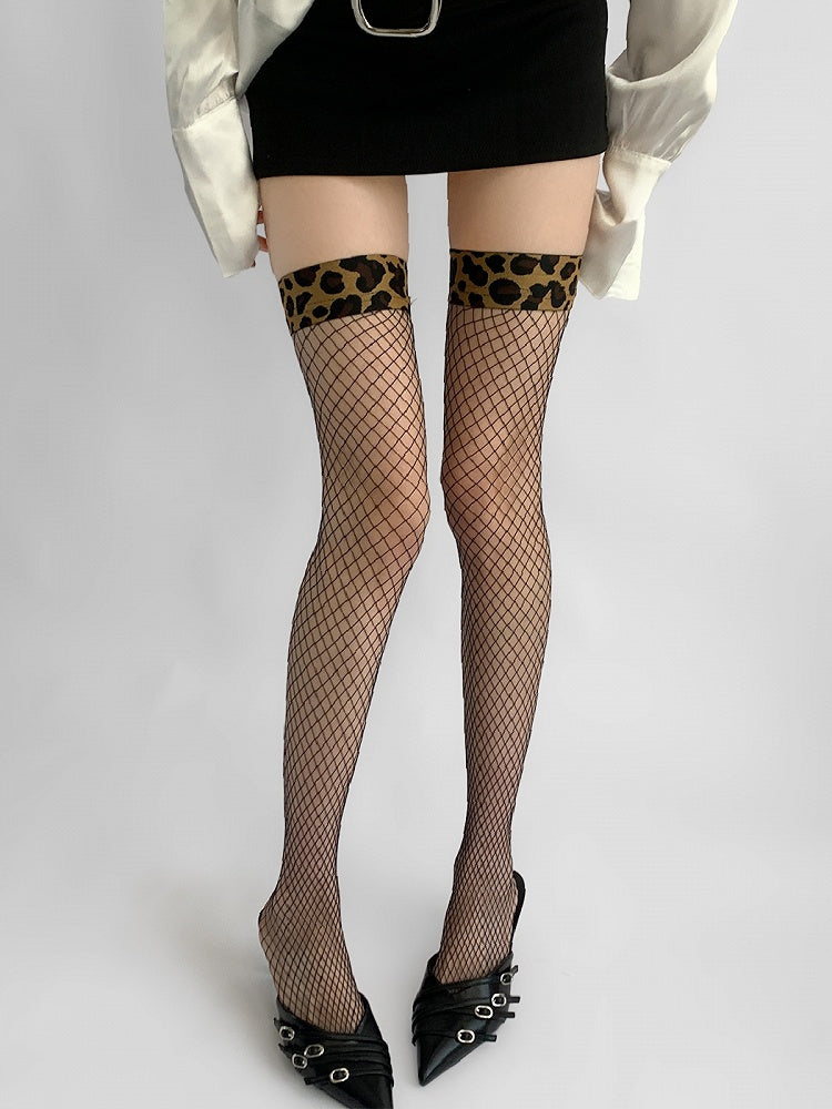 Fishnet Leopard Stockings Cuff Black with Print