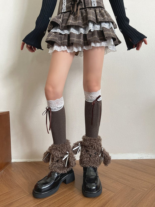 Brown Lace Cuff Stockings Bowknot Warm