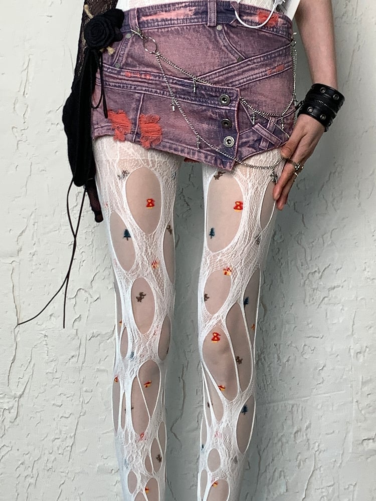 Print Design White Y2K Tights Christmas