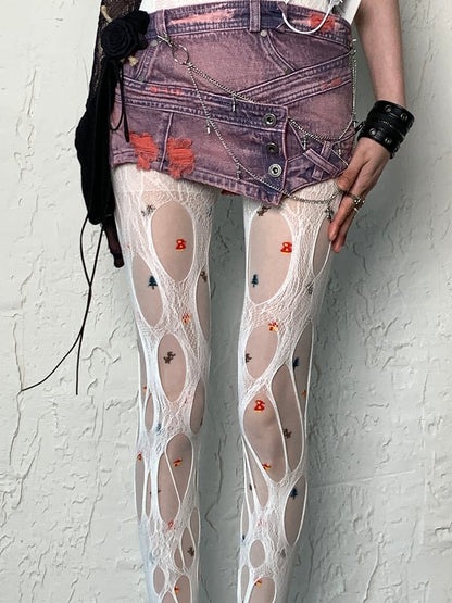 Print Design White Y2K Tights Christmas