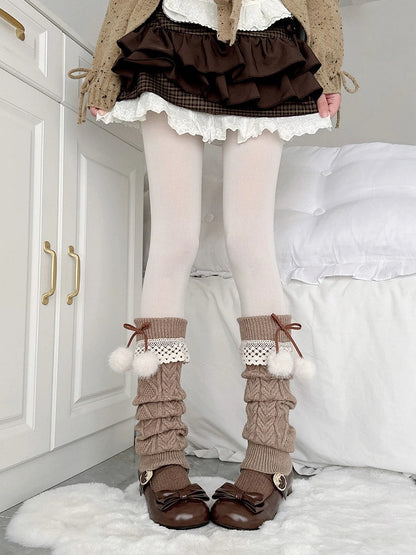 Pom-Pom with Sweet Leg Cable-Knit Warmers (Cozy Style) Brown Lace Accents Trim