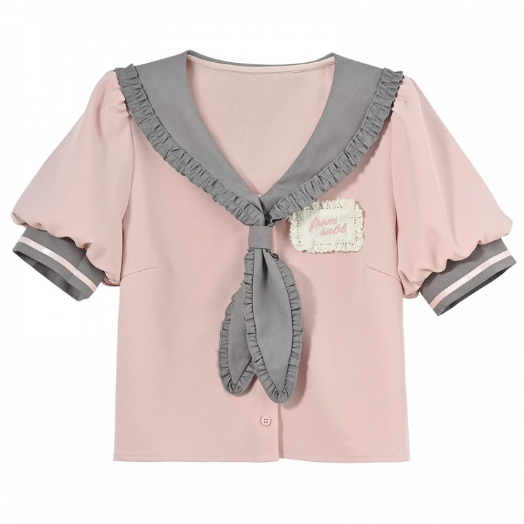 und graue Bluse Preppy Pink Rüschen Matrosenkragen Puffärmel Stil