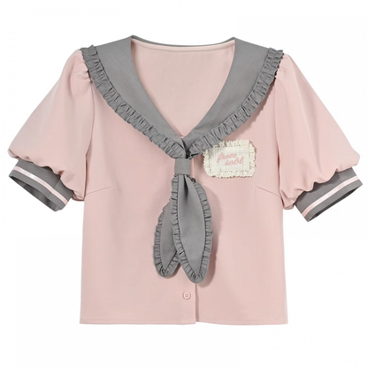 und graue Bluse Preppy Pink Rüschen Matrosenkragen Puffärmel Stil