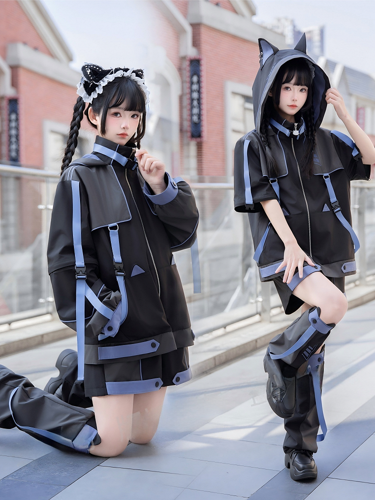 Cyber Techwear Black Blue Elastic Waist Shorts and