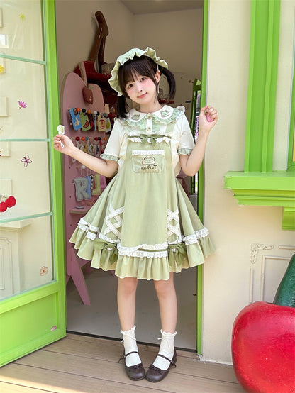 Light Green Frog Embroidery Lace Trim Overalls