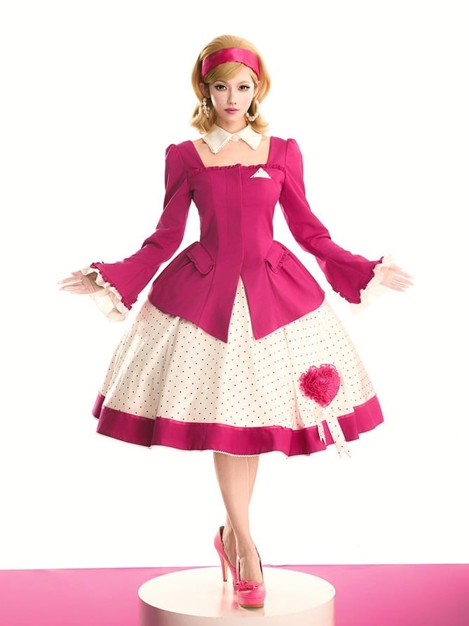 Retro Pink Blazer & Polka Dot Skirt Ensemble with Bow Accents and Detachable Collar - Charing Cross