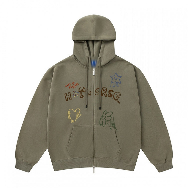 Dusty Hoodie - Two-way Kawaii Zip Placket Letter Hood Drawstring Print Green
