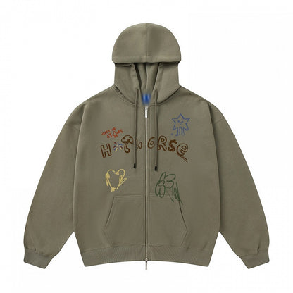 Dusty Hoodie - Two-way Kawaii Zip Placket Letter Hood Drawstring Print Green