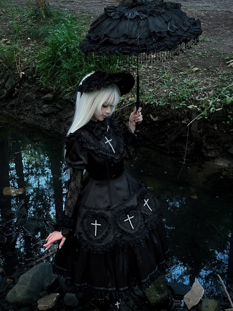 Decoration Ruffle Cross Beaded Lolita Hem Detail with Dress Lace Black and Gothic